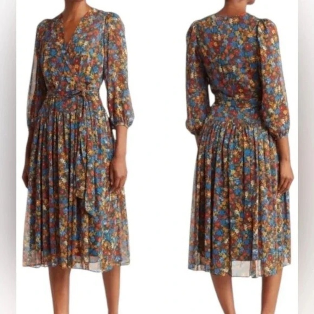 Surplice‎ Neck Three-Quarter Sleeve Floral Print Faux Wrap Midi Dress Sz 8 - Picture 14 of 14
